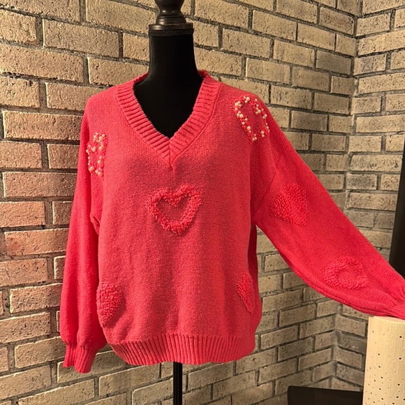 Vibrant Pink V-Neck Sweater with Balloon Sleeves - Picture 7 of 9